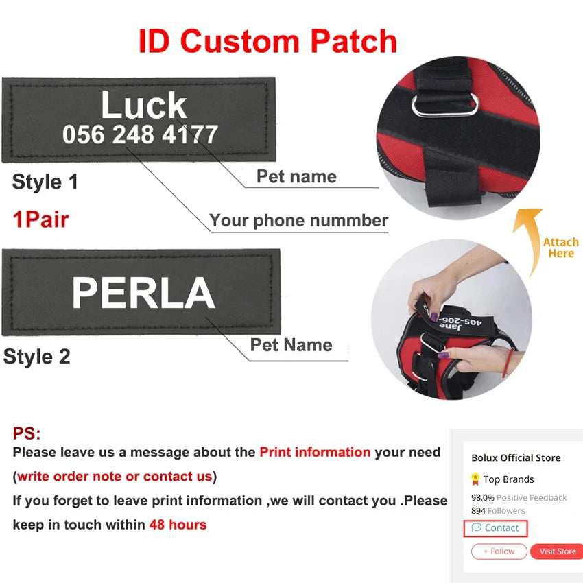 Personalized Adjustable Reflective Dog Harness With Customized Patch