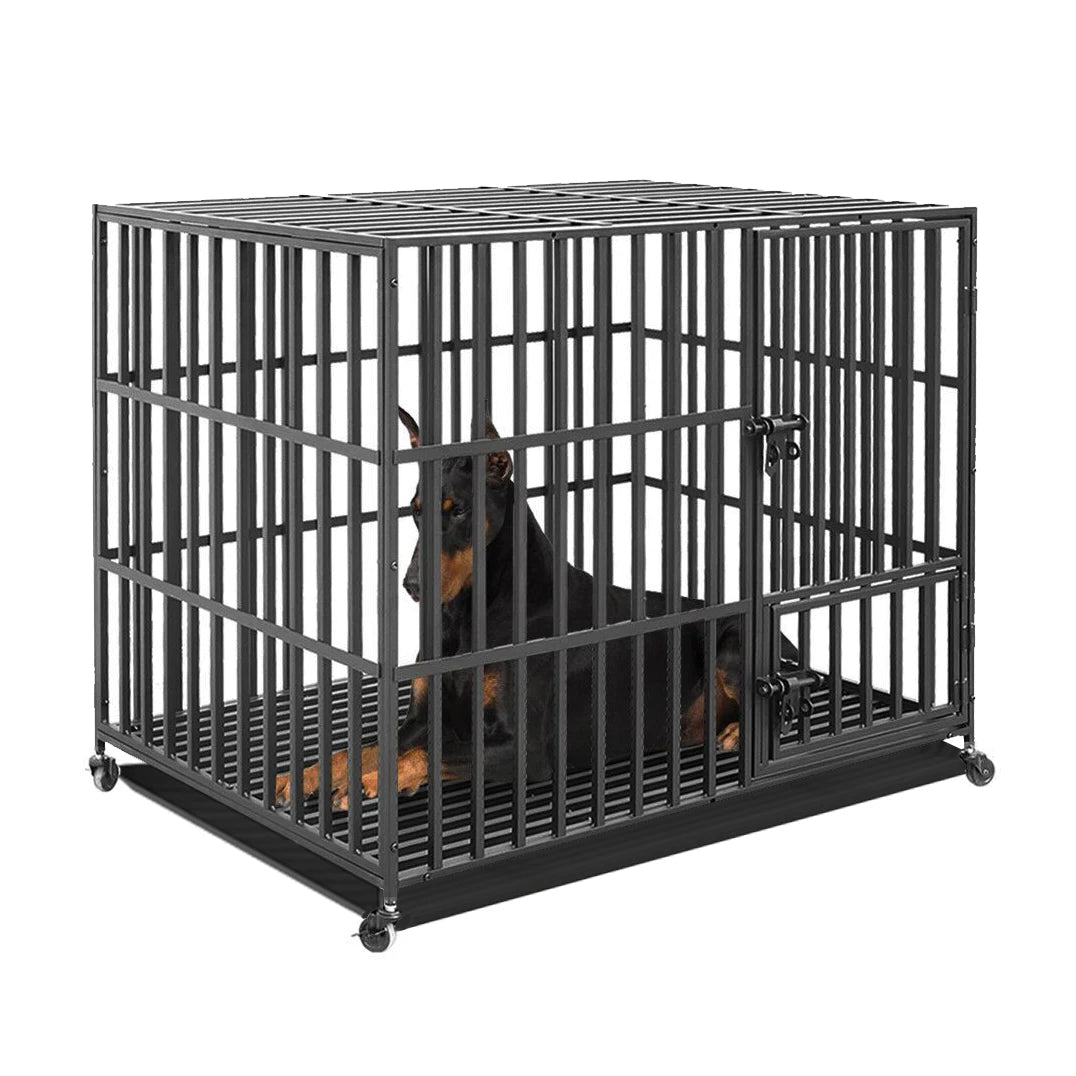 Heavy Duty Metal Dog Crate with 3 Doors Wheels Removable Tray