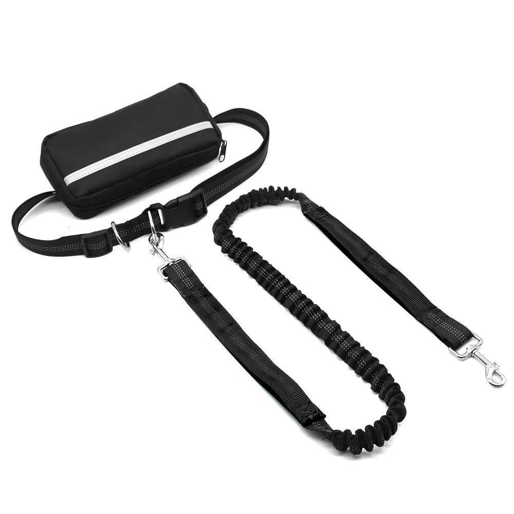 Hands Free Dog Leash with Waist Belt & Large Zipper Pouch