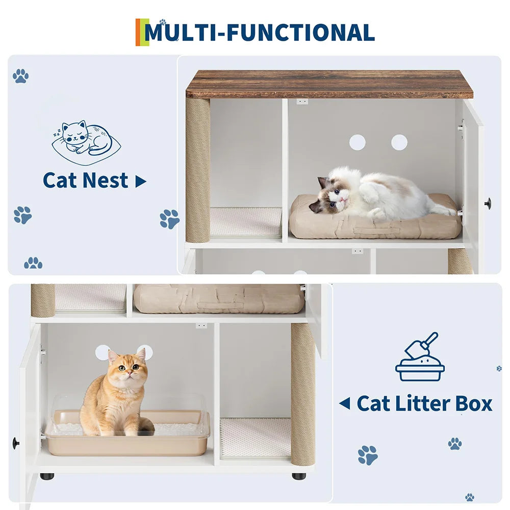 2 Tiered Enclosed Cat Litter Box with Scratch Posts