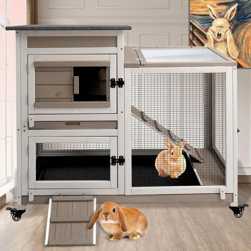 40" Large 2 Story Wooden Rabbit Hutch with Run Wheels