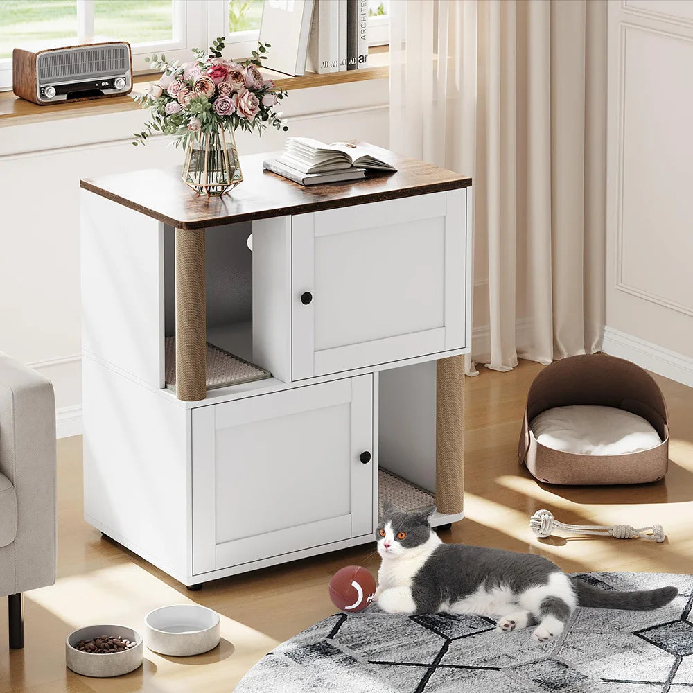 2 Tiered Enclosed Cat Litter Box with Scratch Posts