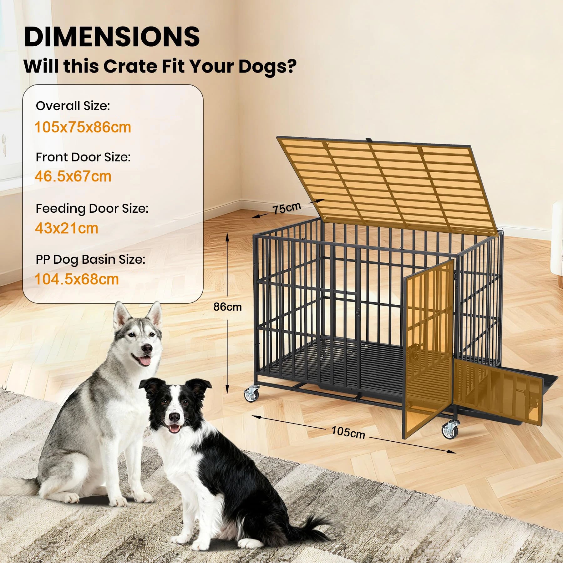 Heavy Duty Escape-Proof Metal Dog Crate with 3 Doors, Removable Tray, Locking Wheels
