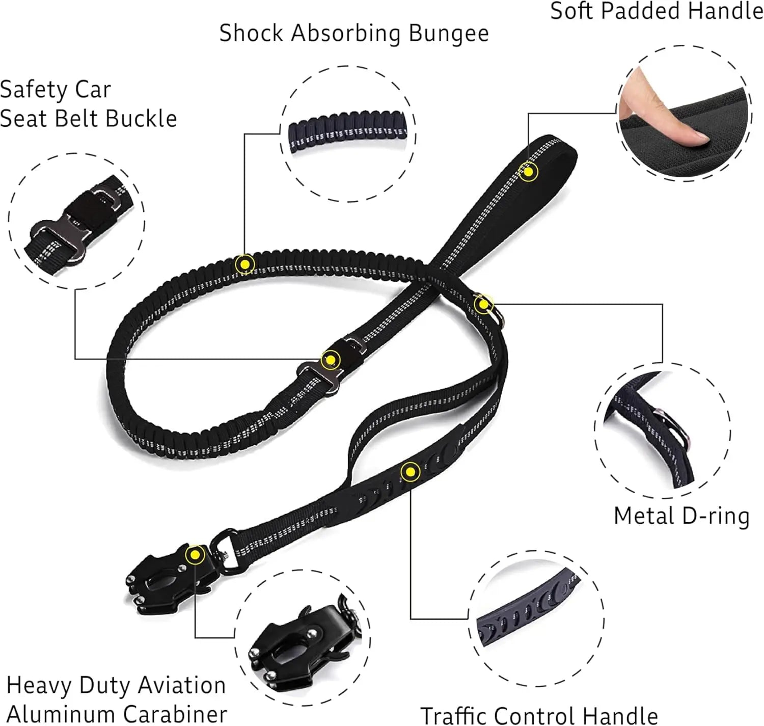 Reflective Shock Absorbing Pet Leashes with Car Seatbelt for Large Dogs