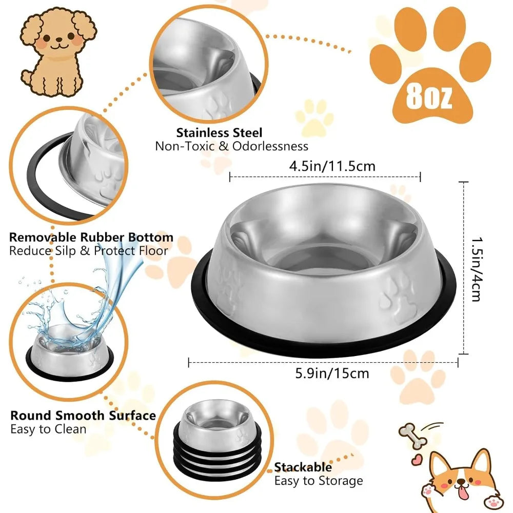 2 Pack Stainless Steel Non-Slip Food and Water Dishes for Cats and Small Dogs