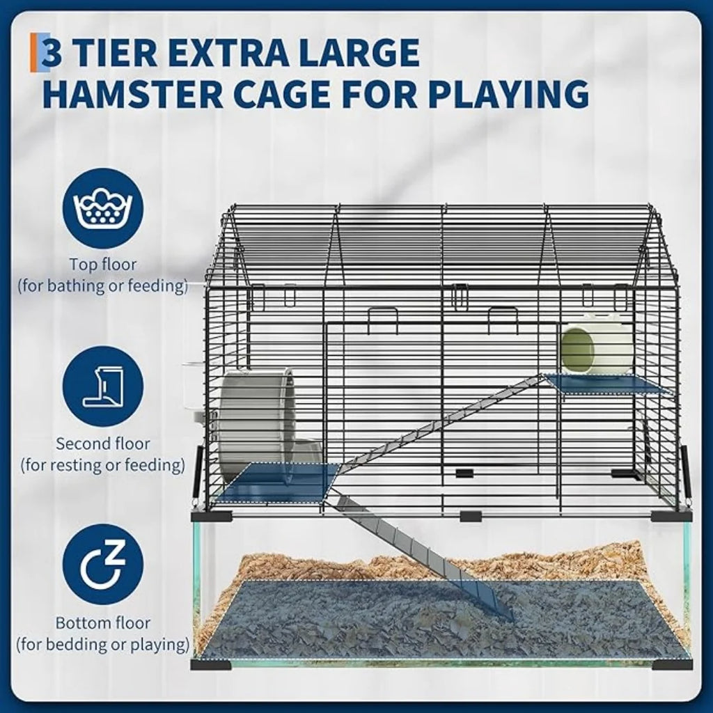 3 Tier Metal + Glass Small Animal Cage