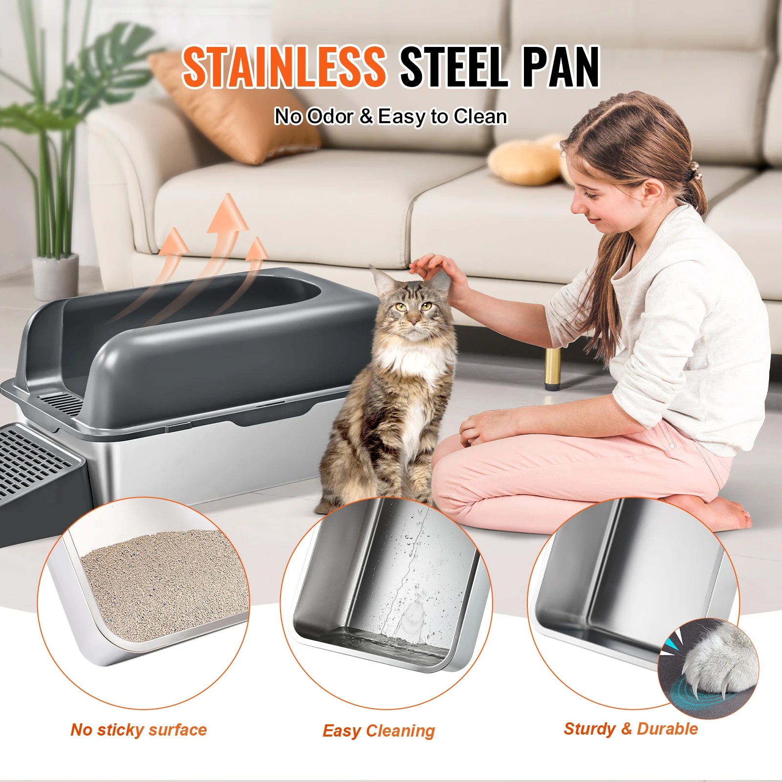 Extra Large Stainless Steel Cat Litter Box with Scoop