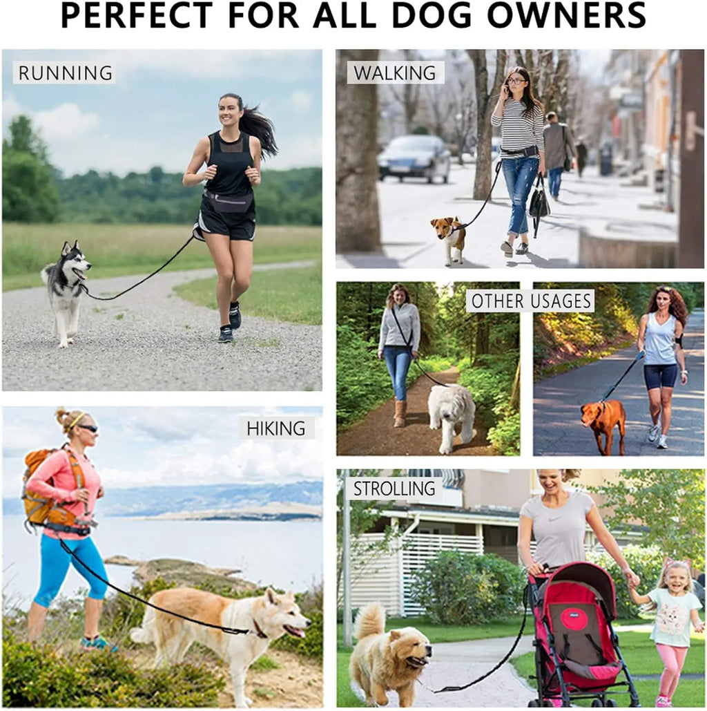 Hands Free Dog Leash with Waist Belt & Large Zipper Pouch