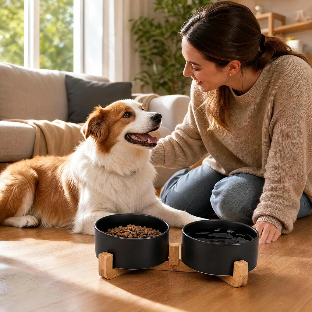 Ceramic Dog Cat Bowls Set with Stand