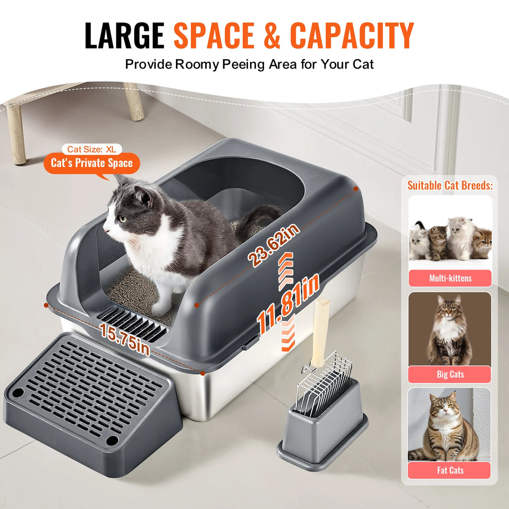 Extra Large Stainless Steel Cat Litter Box with Scoop