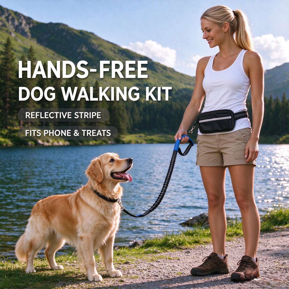 Hands Free Dog Leash with Waist Belt & Large Zipper Pouch