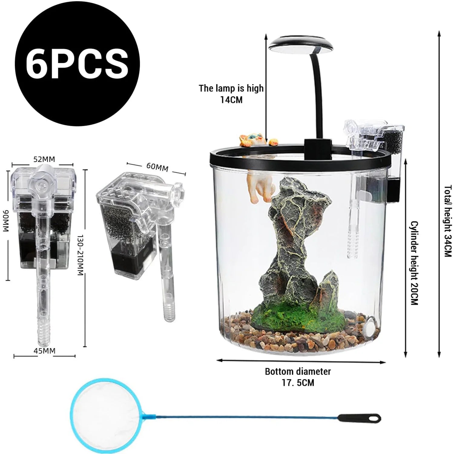 1.5 Gal Betta Fish Tank Starter Kit With Quiet Filter LED Light Oxygen Generator