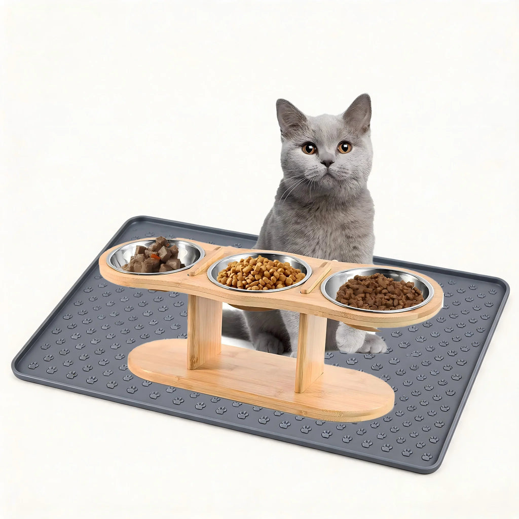 Cat 3 Bowls in 1 Raised Feeder with Silicone Food Mat