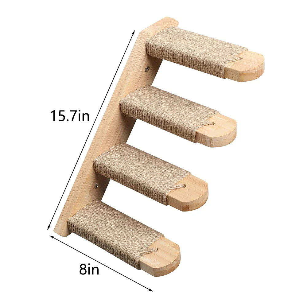 Wall Mounted Four Step Stairway With Sisal Scratching Post For Cats
