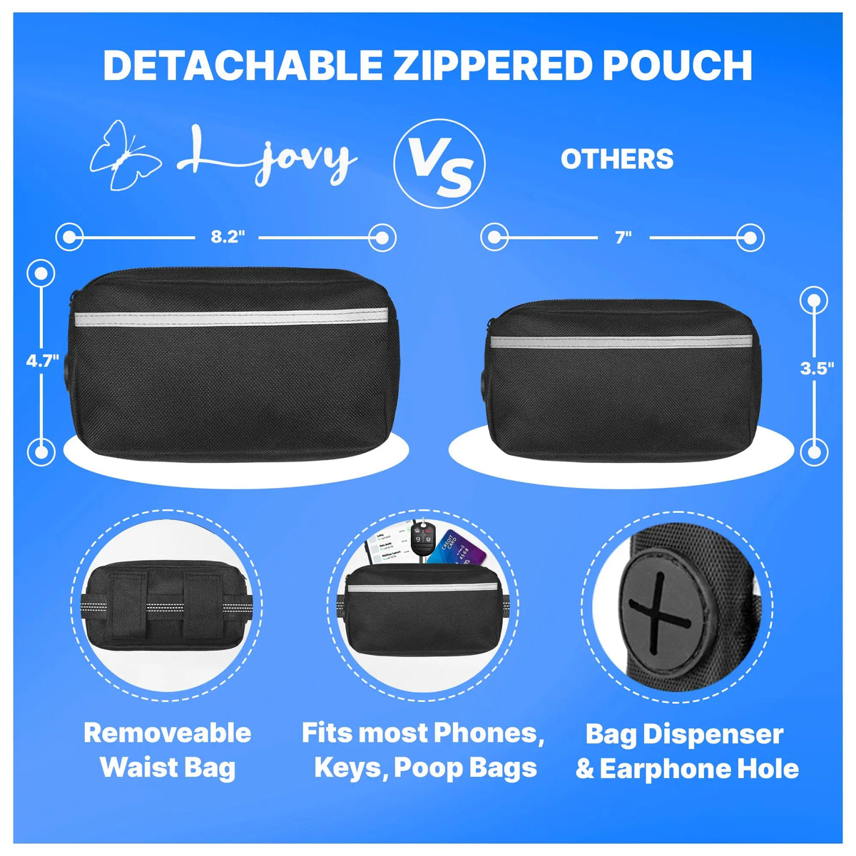 Hands Free Dog Leash with Waist Belt & Large Zipper Pouch