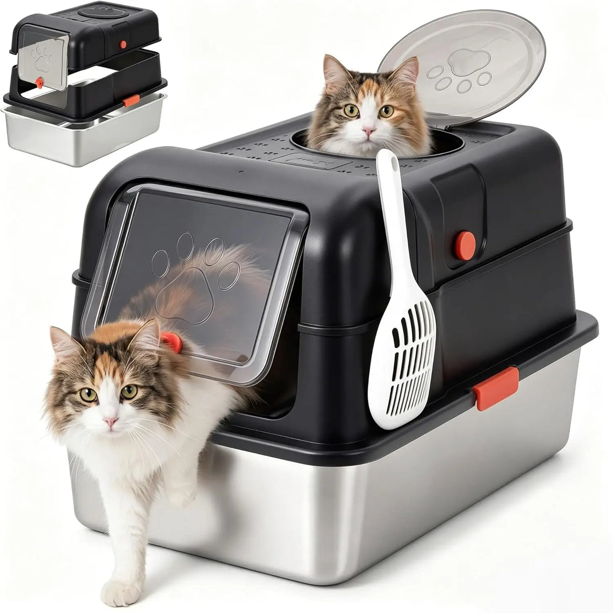 Enclosed Stainless Steel Litter Box With Lid Front Entry Top Exit
