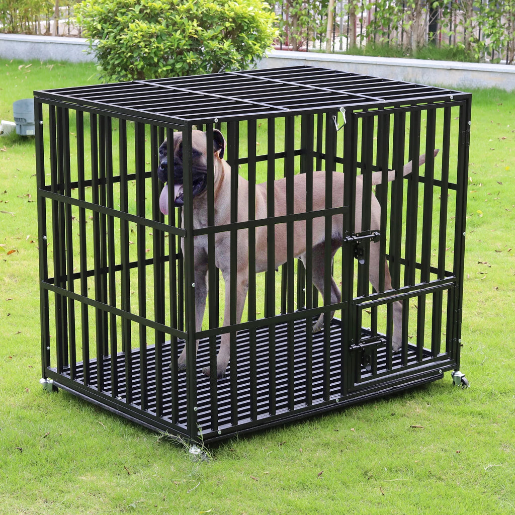 Heavy Duty Metal Dog Crate with 3 Doors Wheels Removable Tray