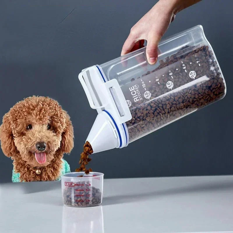 Dog Cat Food Plastic Storage Tank with Measuring Cup