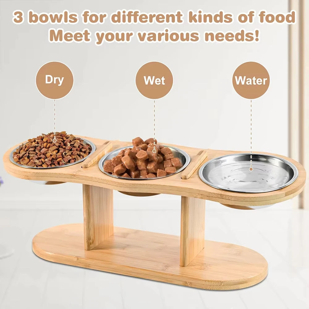 Cat 3 Bowls in 1 Raised Feeder with Silicone Food Mat