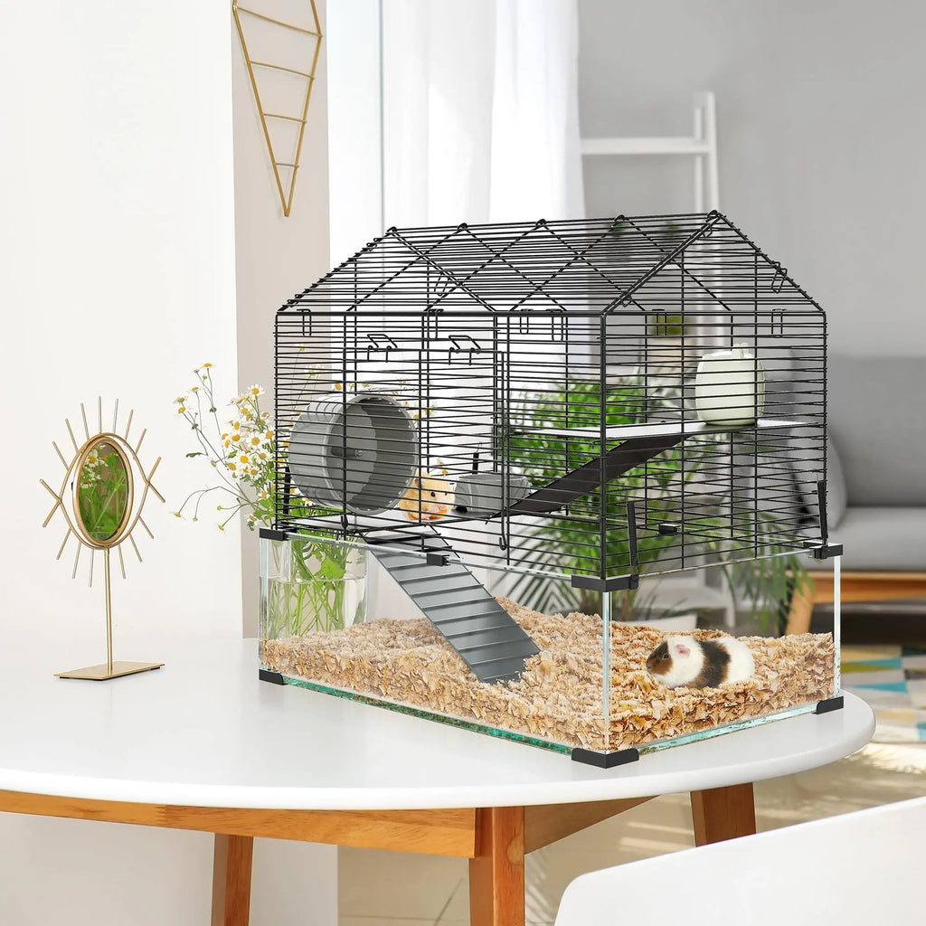3 Tier Hamster Cage with Deep Tempered Glass Bottom