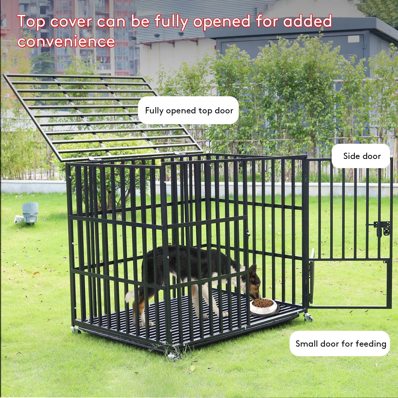 Heavy Duty Dog Crate with Lockable Wheels 3 Doors and Removable Tray