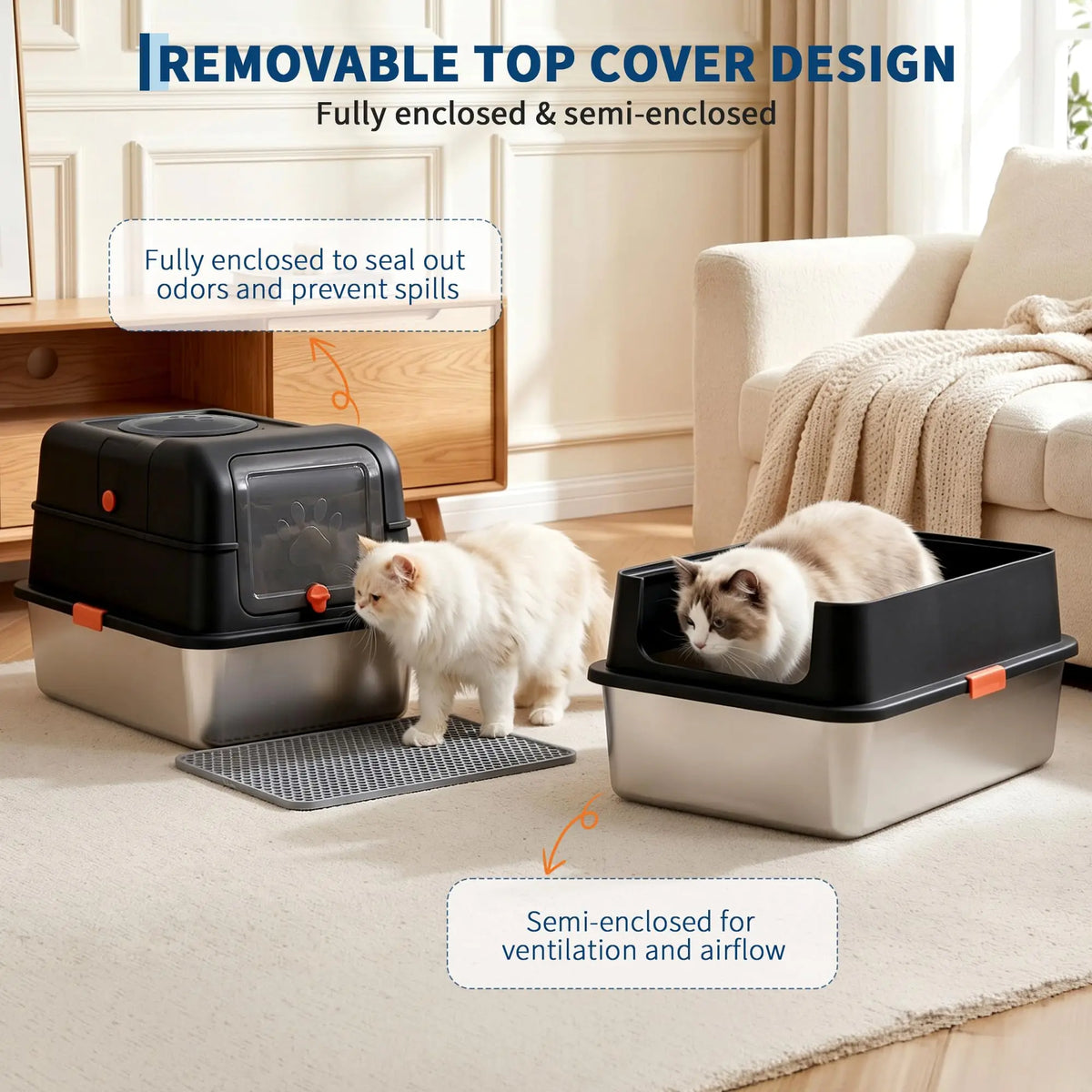 Enclosed Stainless Steel Litter Box With Lid Front Entry Top Exit