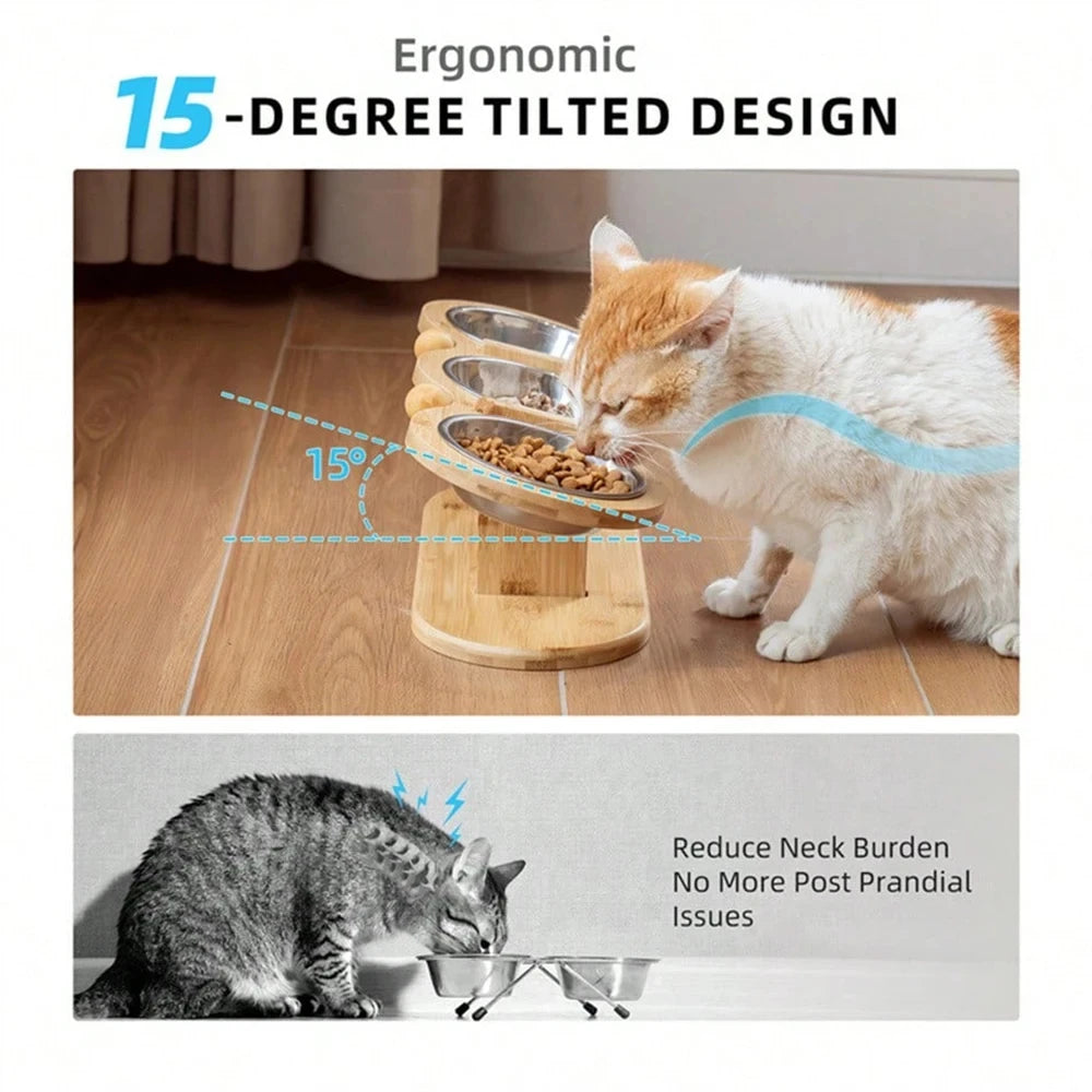 Cat 3 Bowls in 1 Raised Feeder with Silicone Food Mat