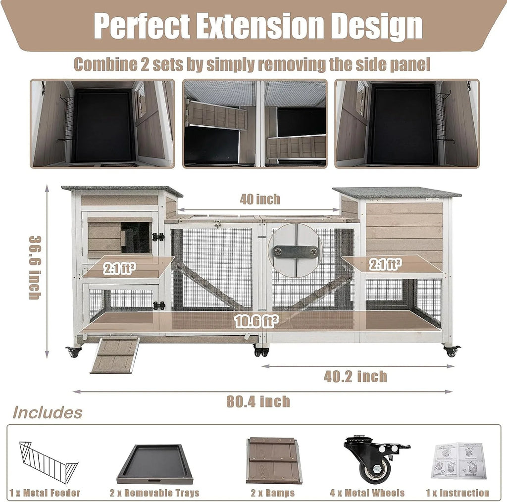 40" Large 2 Story Wooden Rabbit Hutch with Run Wheels