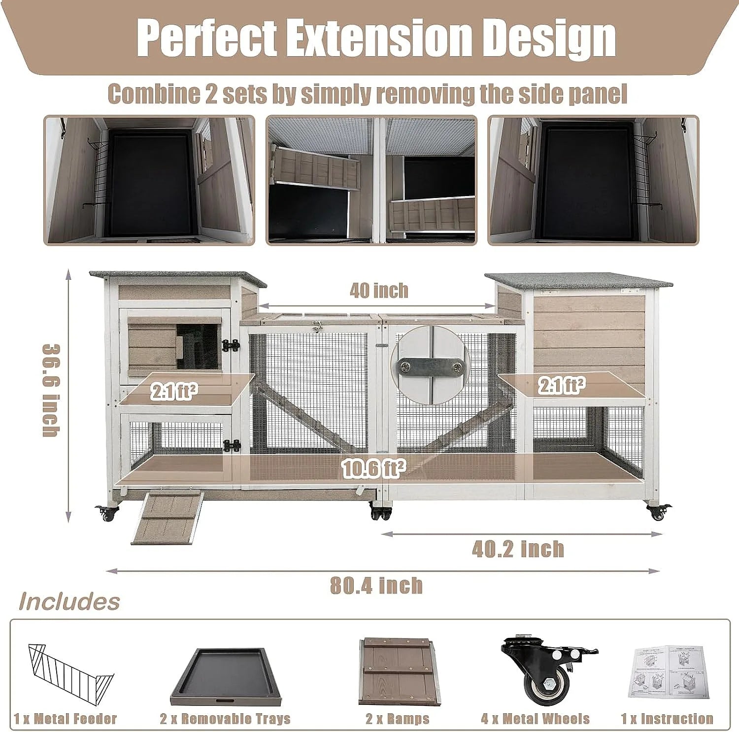 40" Large 2 Story Wooden Rabbit Hutch with Run Wheels