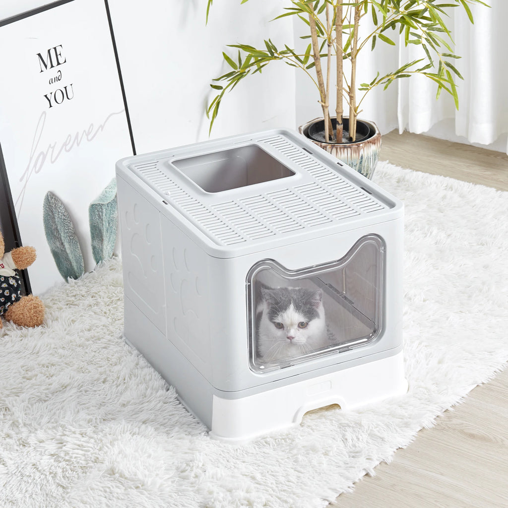 XXL Large Foldable Cat Litter Box with Front Entry & Top Exit