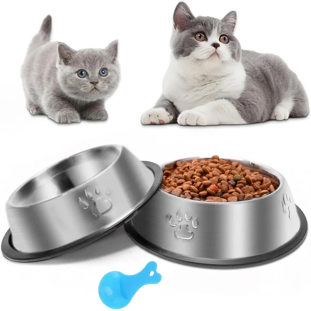 2 Pack Stainless Steel Non-Slip Food and Water Dishes for Cats and Small Dogs