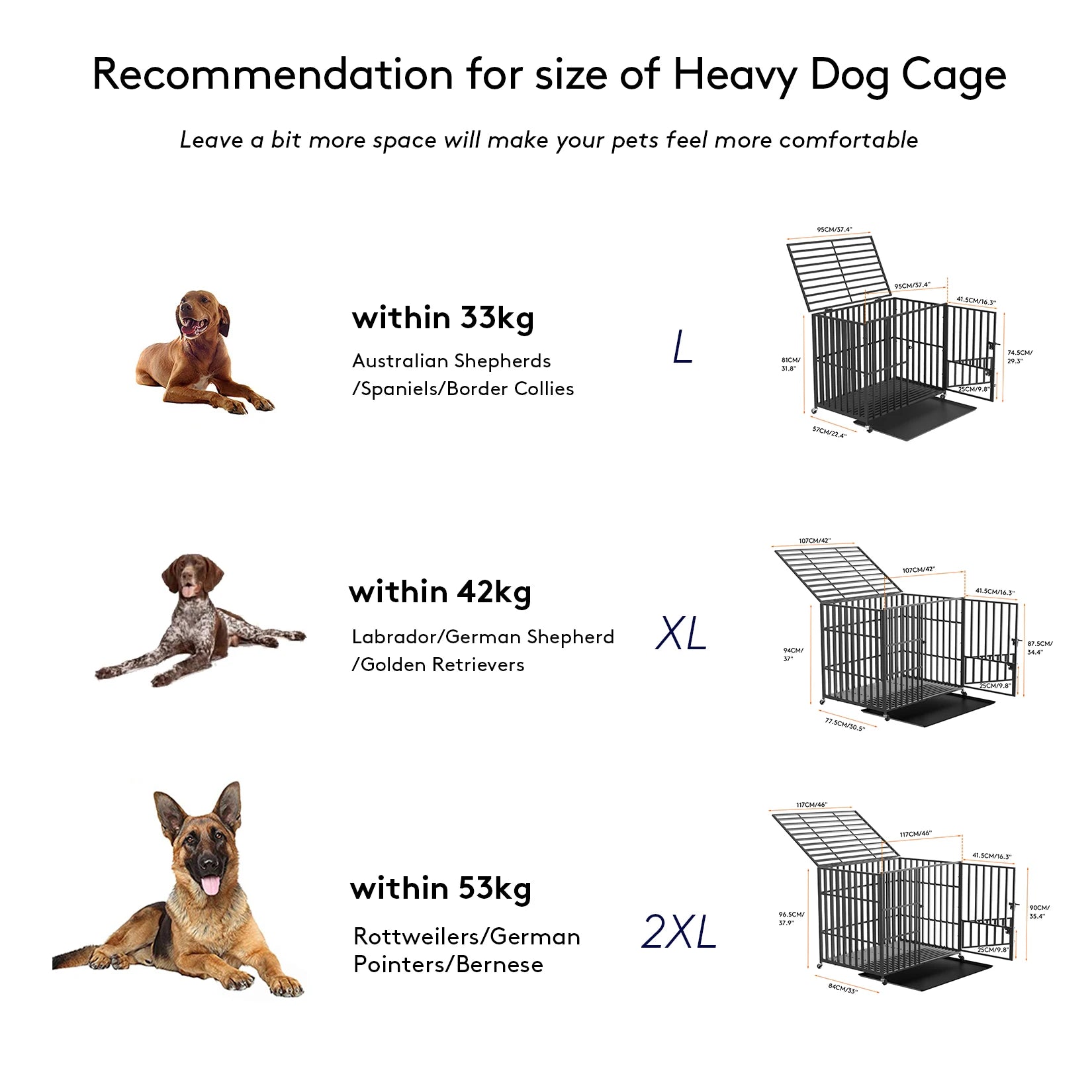 Heavy Duty Dog Crate with Lockable Wheels 3 Doors and Removable Tray