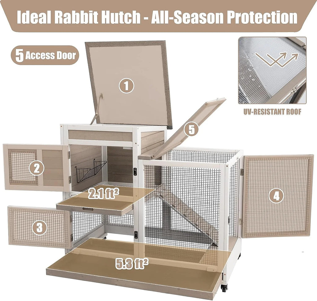 40" Large 2 Story Wooden Rabbit Hutch with Run Wheels