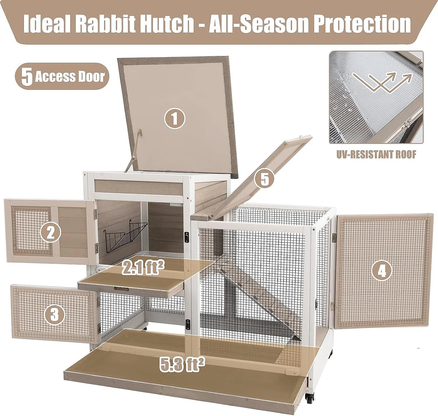 40" Large 2 Story Wooden Rabbit Hutch with Run Wheels