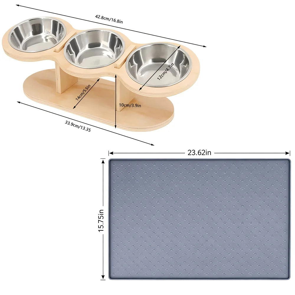 Cat 3 Bowls in 1 Raised Feeder with Silicone Food Mat