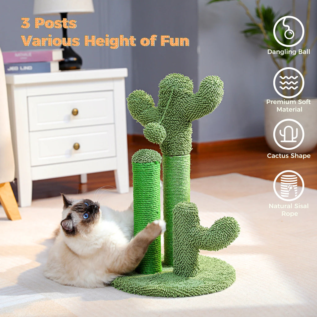 Cactus Cat Scratcher with 3 Scratching Poles and Interactive Dangling Ball